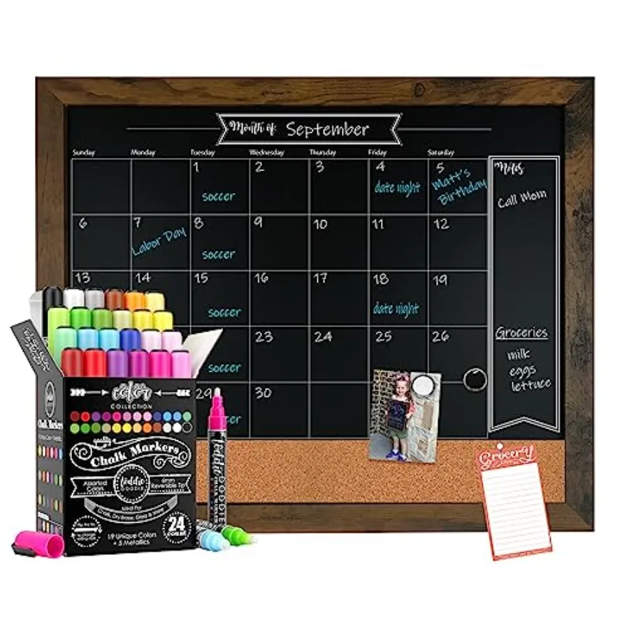 

18x24 Rustic Framed Chalkboard Calendar and Bulletin Combo Calendar with Cork Board. 24ct Color Collection of Chalk Markers Per