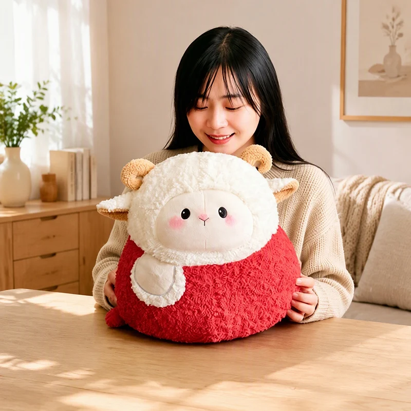 Cute Round Sheep Plush Pillow Soft Fluffy Lamb Stuffed Animal Doll Kawaii Cartoon Home Sofa Cushion Birthday Gift for Girls