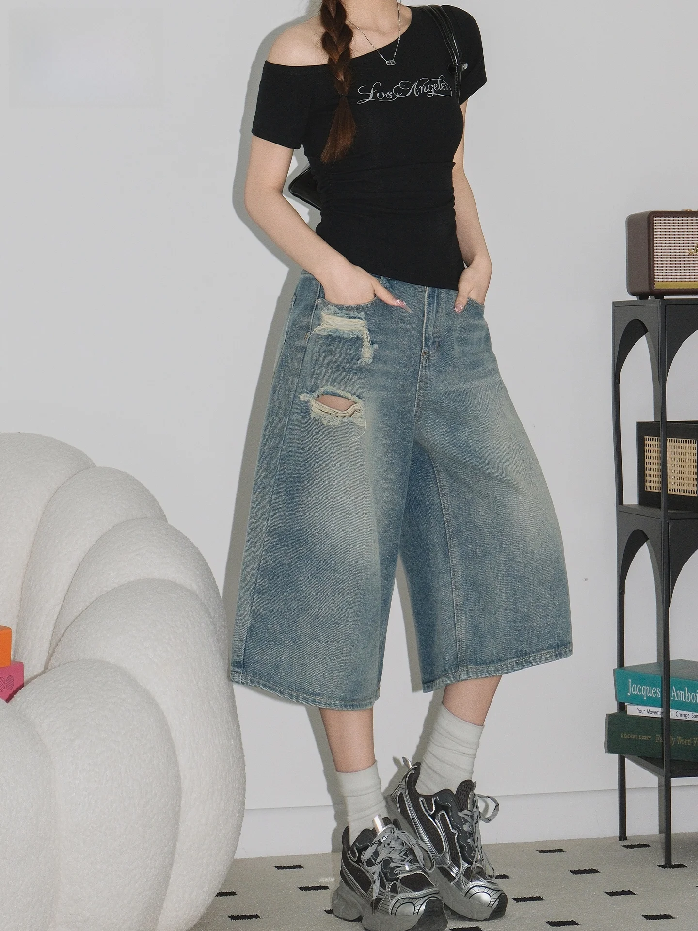 

Light Blue American Style Ripped Straight Leg Jeans Women's Summer Washed Loose Slim Wide Leg Pants High Waist Casual Cotton ...