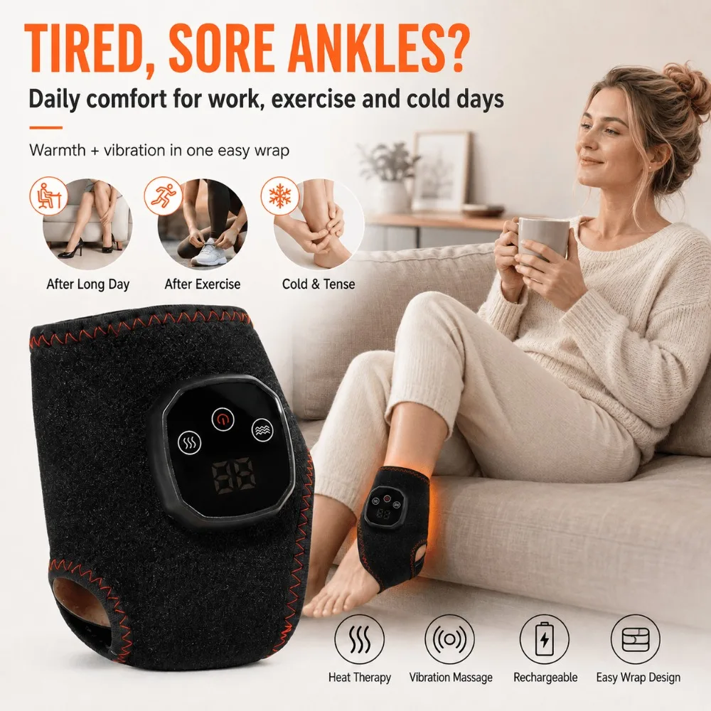Heated Ankle Massager,Heat and Vibration,4 Heat Levels,3 Vibration Modes,Rechargeable Ankle Wrap,Portable for Home Office Use