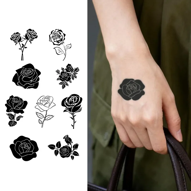 Black Rose Hand Temporary Tattoo Sticker Waterproof Fake Tattoo Body Art for Women