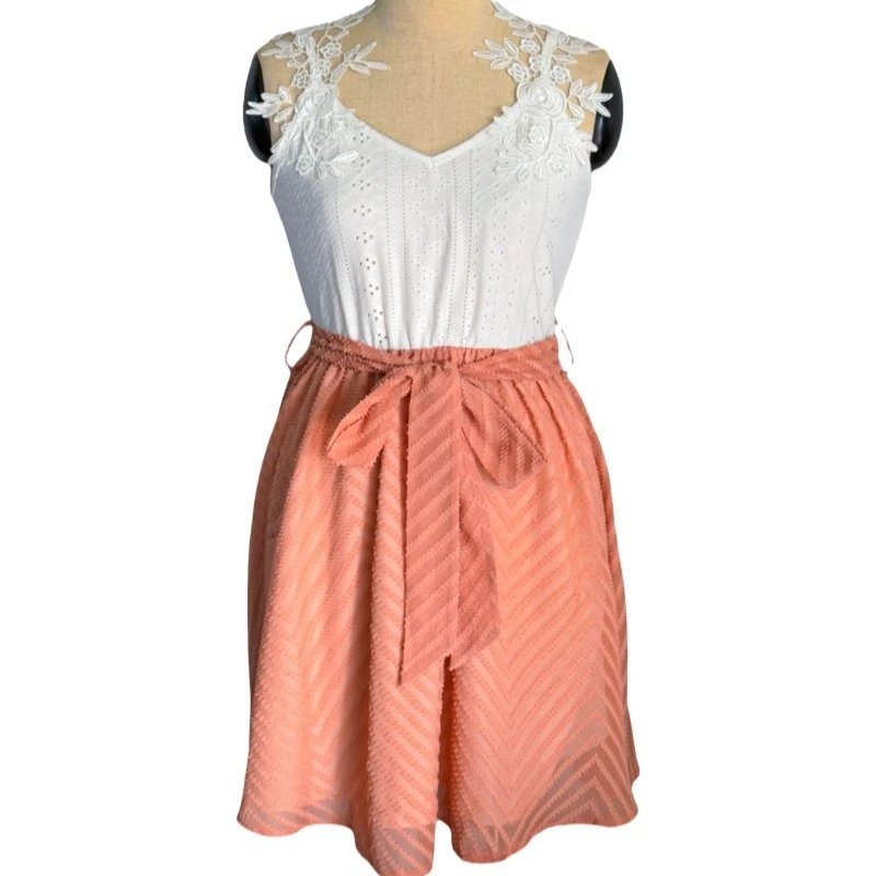 ฤดูร้อนผู้หญิง V คอ Two-Tone ชุด Cinched เอว Slim-Fit ชุดลูกไม้กลวง SHEER Casual Beach Holiday Dresses