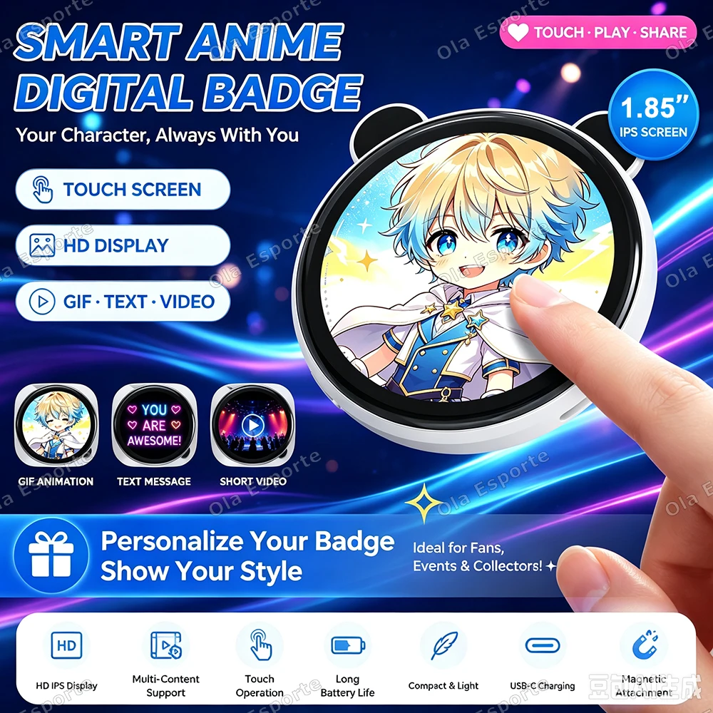 New 1.85 Inch Smart Dynamic Electronic Badges Digital LED Animes Pin With Touch Control For Uploading Photos & Videos DIY Gifts