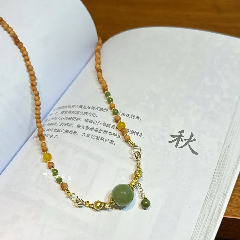 New Chinese Old Mountain Sandalwood Necklace Hetian Jade Big Pearl Jasper Moisturizing Temperament Ancient Necklace Sweater