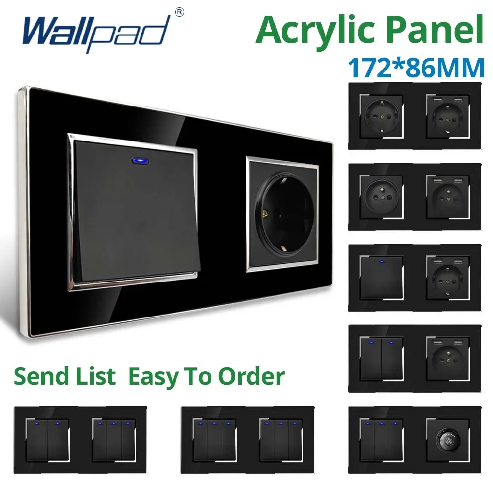 Wallpad-Panel acrílico negro, interruptor de luz de pared con borde plateado, atenuador LED, carga USB, toma de corriente europea, 5, 6, 7, 8, reinicio de 2 vías