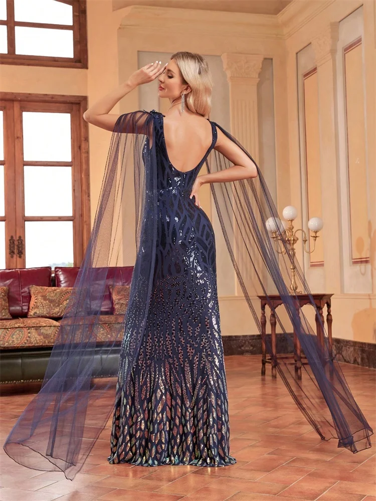 Luxury Arabia Long Sleeve Sequins Evening Dress Women 2025 Female Guests Wedding Party Prom Blue Cocktail Dresses