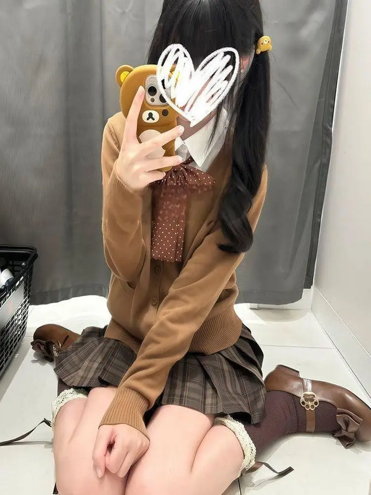 

Оригинальный японский карамельный JK orm вязаный свитер осень-зима коричневый открытый кардиган комплект вязаная клетчатая юбка College Sle ...