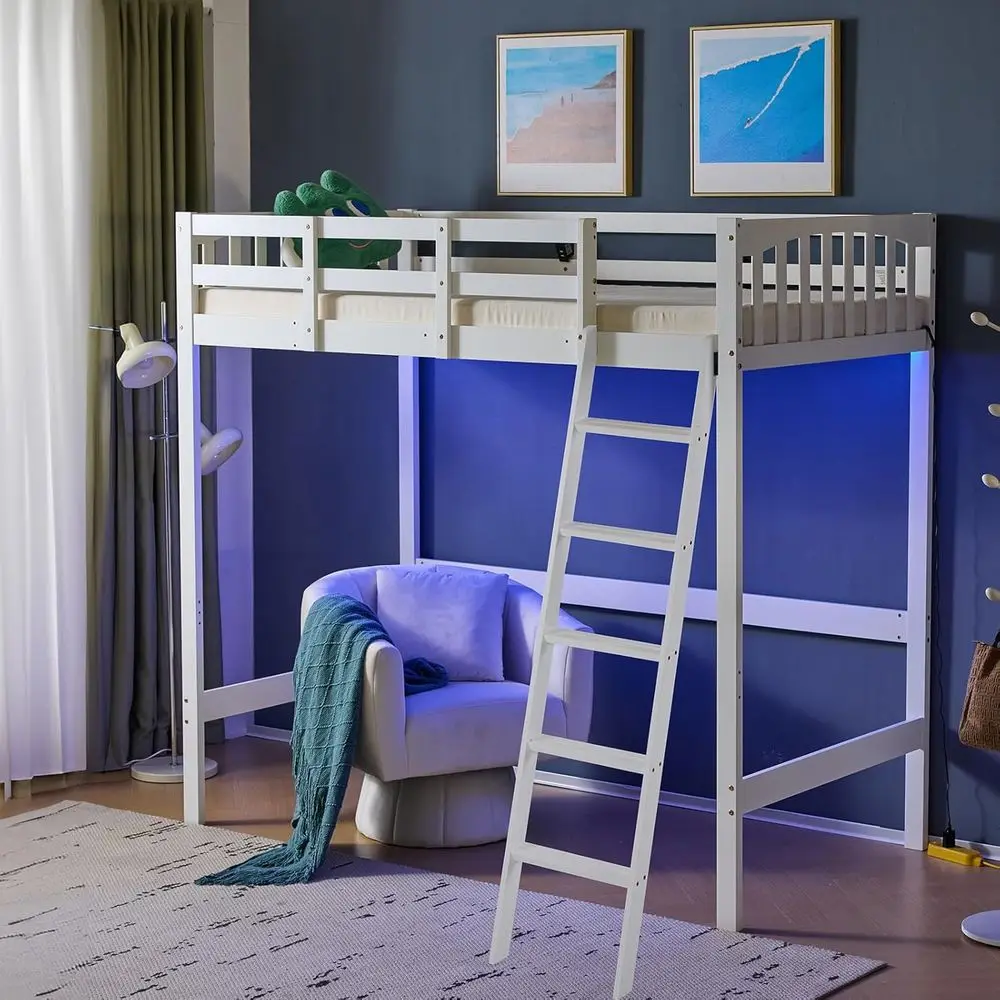 

Solid Wood Double Bunk Bed with USB Charging, LED Lights, High Guardrail, White