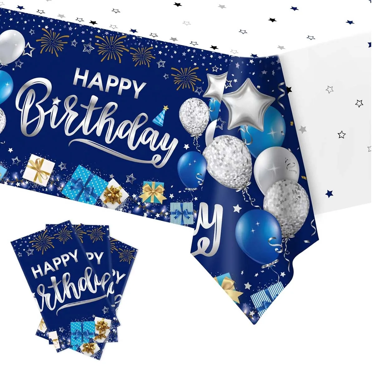 Navy Blue Birthday Tablecloth, A Disposable Plastic Rectangular Tablecloth Suitable for Birthday Parties, Gatherings, Baptisms.