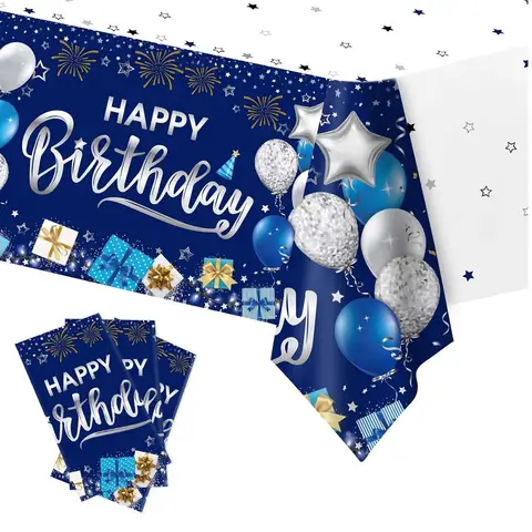 Tovaglia di compleanno blu navy, una tovaglia rettangolare in plastica usa e getta adatta per feste di compleanno, riunioni, battesimi.