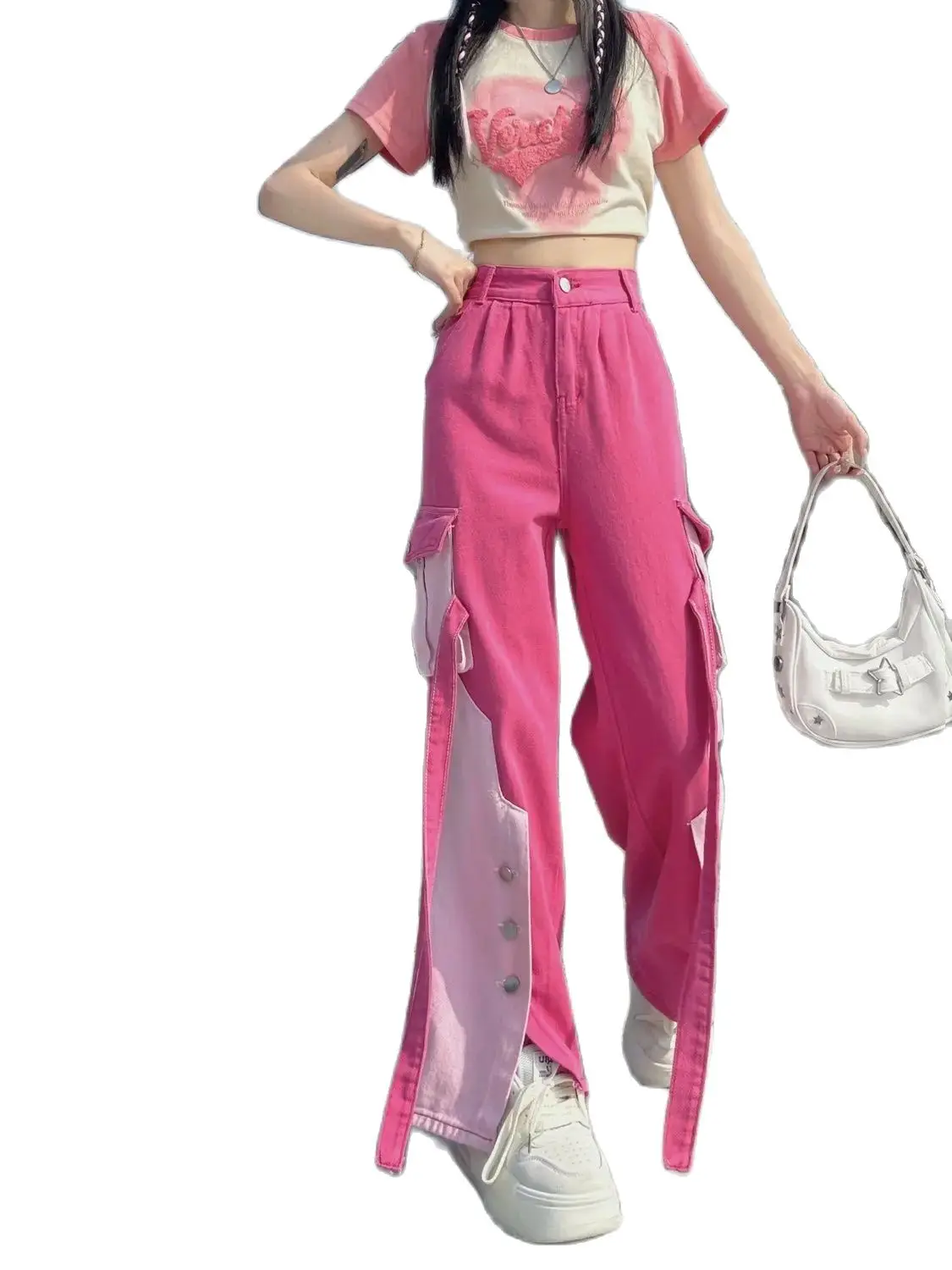 Dopamine Join Together Pink Jeans Overalls Women Pants Baggy Pants Korean Fashion High Waist Leisure Trousers