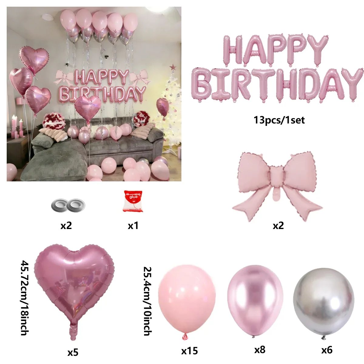 Pink Birthday Balloon Set with Bow Aluminum Film Balloon for Birthday Party Balloon Atmosphere Decoration Photo Props view 3