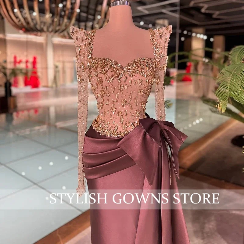 Solene arco design vestido de noite manga longa querida formal vestido de baile cetim cristais contas vestido de festa de casamento personalizado