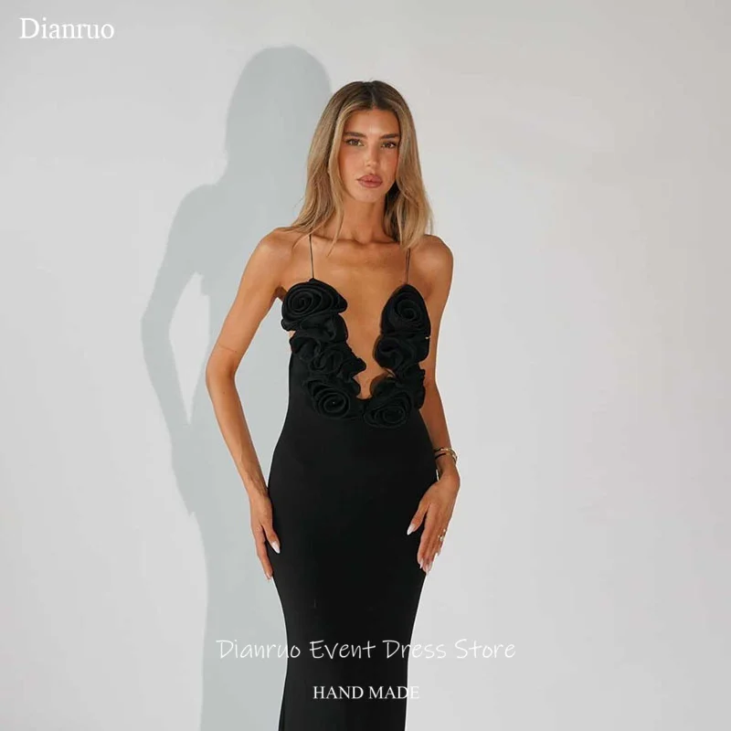 

Dianruo Halter Neck Mermaid Evening Dresses 3D Flowers Robe De Soirée Femme Elegant Draped V Neck Slim-Fit Party Gown Customized