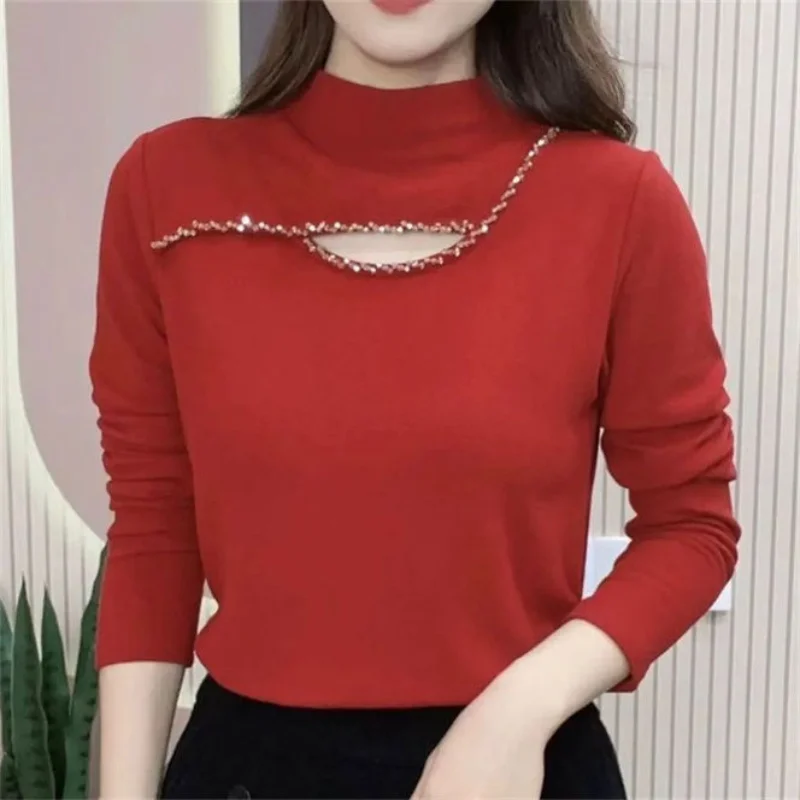 Women Autumn Winter New Half High Neck Velvet Knit Sweater Fashion Hollow Out Diamonds Base Layers Cozy Warm Long Sleeves Tops