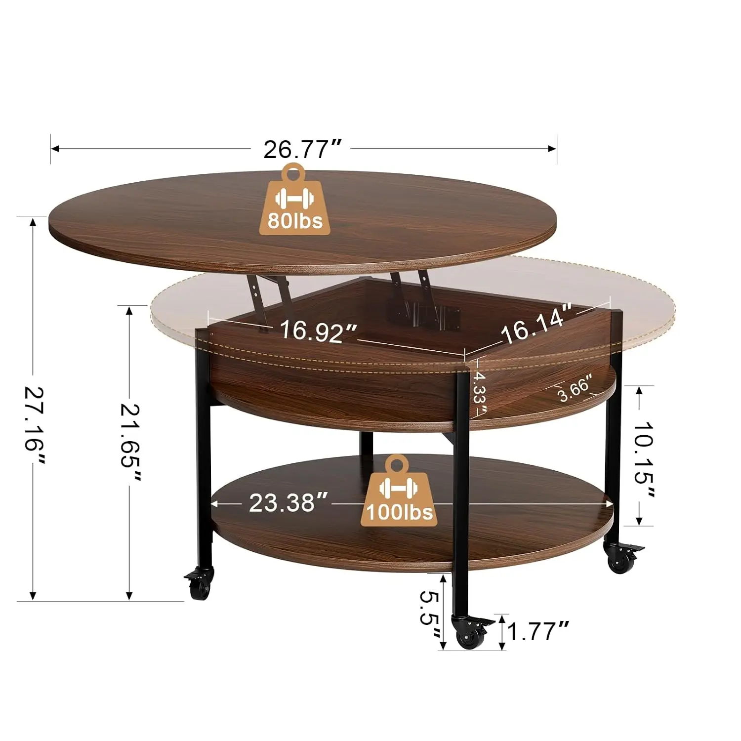 Small Round Lift Top Coffee Table with Wheels and Storage, Espresso