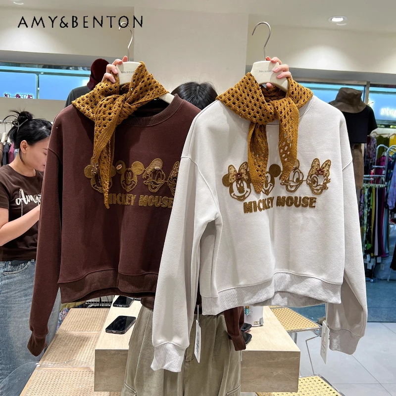 

Cartoon Hoodie With Scarf For Women's 2025 Autumn Winter New Fashionable Youthful Round Neck Short Loose Top Jacket Sweatshirts