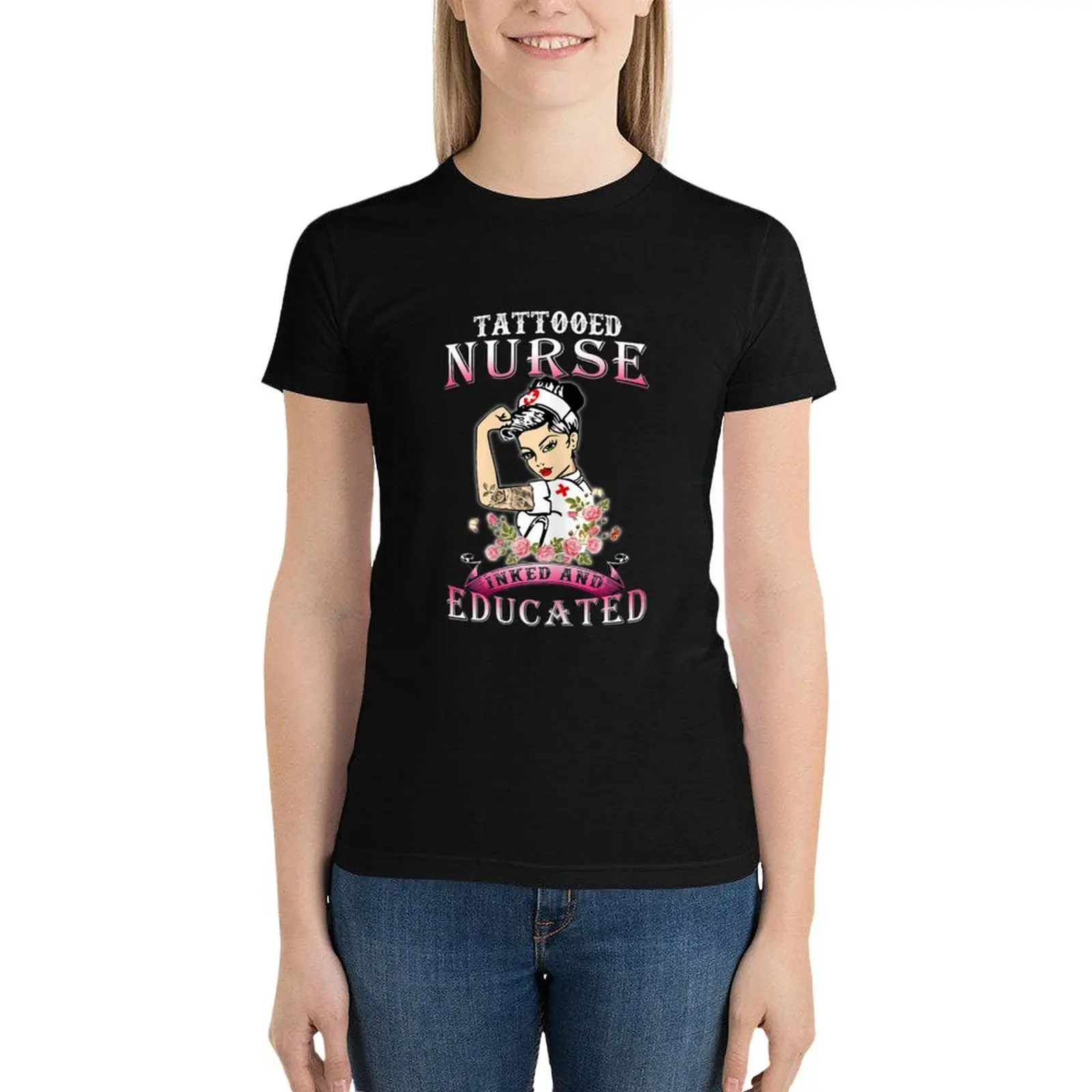 Womens Tattooed Nurse Inked and Educated Tattooed Nurse TShirt120 T-Shirt quick drying plus size tops tops clothes for woman