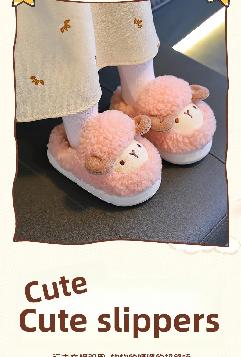 Winter-Kinder-Baumwollpantoffeln für Jungen und Mädchen, Warme Rutschfeste Hausschuhe, Modische Niedliche Cartoon-Alpaka Kinder-Eltern-Kind-Plüschschuhe – Detail 5