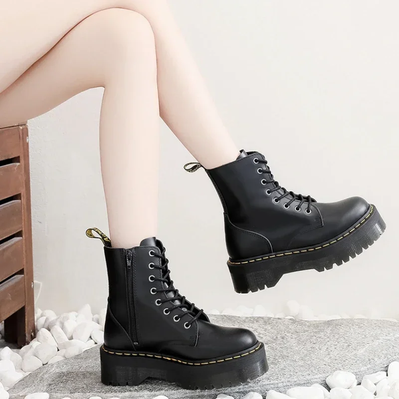 

Original Women Platform Boots Leather Men Thick Sole Ankle Sexy Female Punk Motorcycle Shoes Combat Booties Plus Size bota