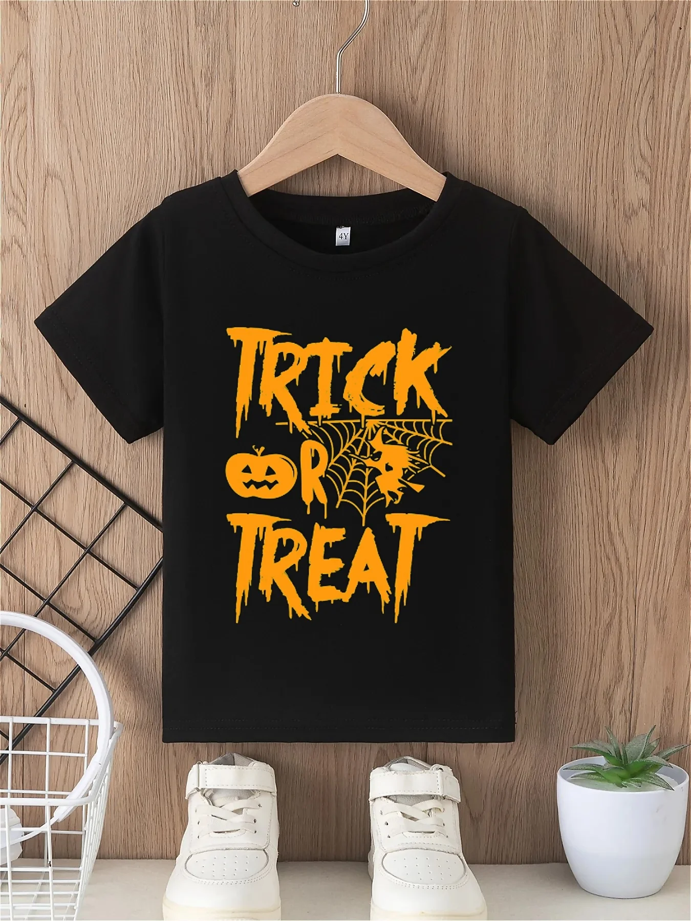 Halloween boys' T-shirt trick or treat letter printed pumpkin pattern printed casual soft round neck short sleeved top