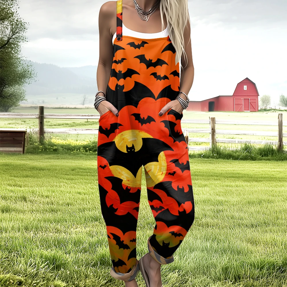 

Halloween Bat Skull Print Jumpsuit Black Boho Chic Romper Holiday Overalls Vintage Hippie Chic Rompers Cool Countryside Outfit
