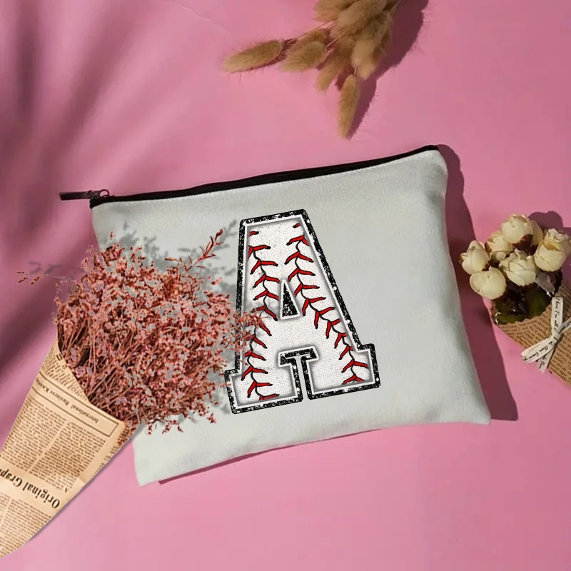 Baseball Initial Makeup Bag Monogrammed Cosmetic Bag Letter A Baseball Gifts for Girls Women Baseball Player Coach Friend