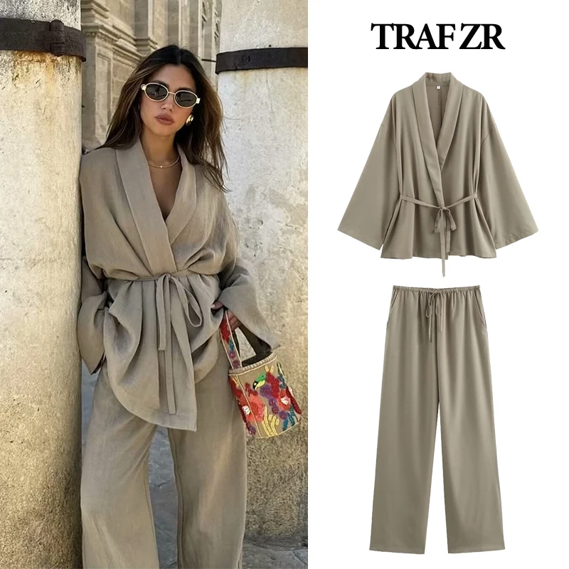 TRAF ZR Trouser Suits Pant Sets Combi-pants Summer Women\'s Suit New Matching Linen Large Size Elegant Full Woman Tracksuit