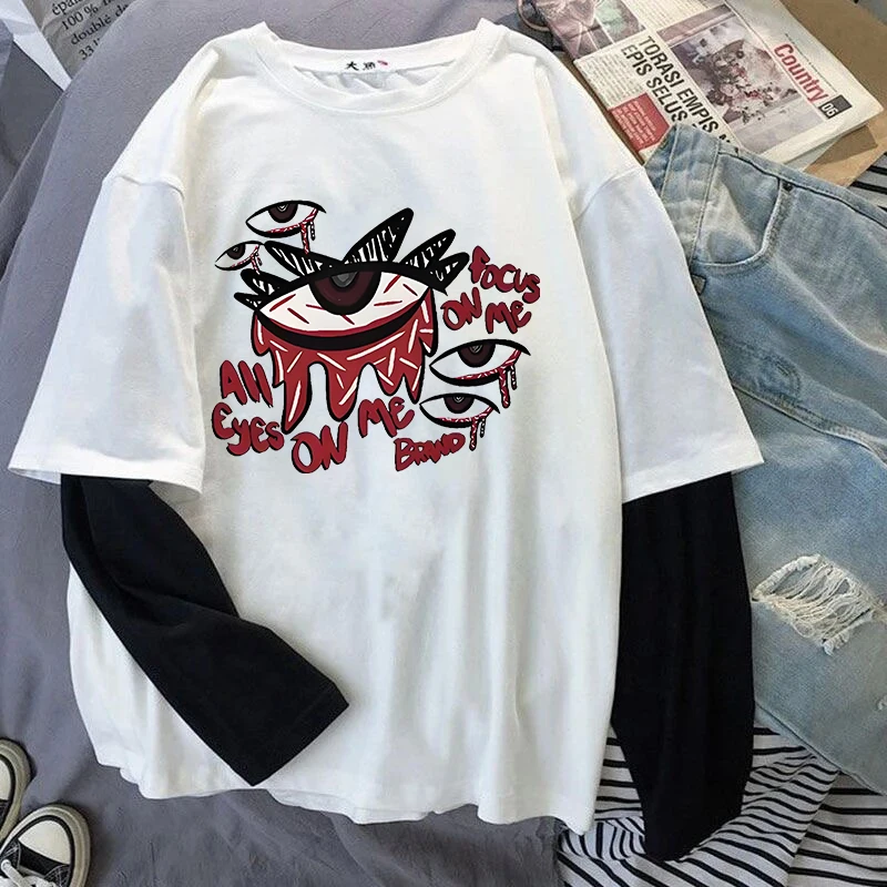 Harajuku Y2K Punk Goth Casual Versátil Top Estética Moda Vintage Streetwear Loose Tee Criativo Padrão de Olho Camiseta Impressão