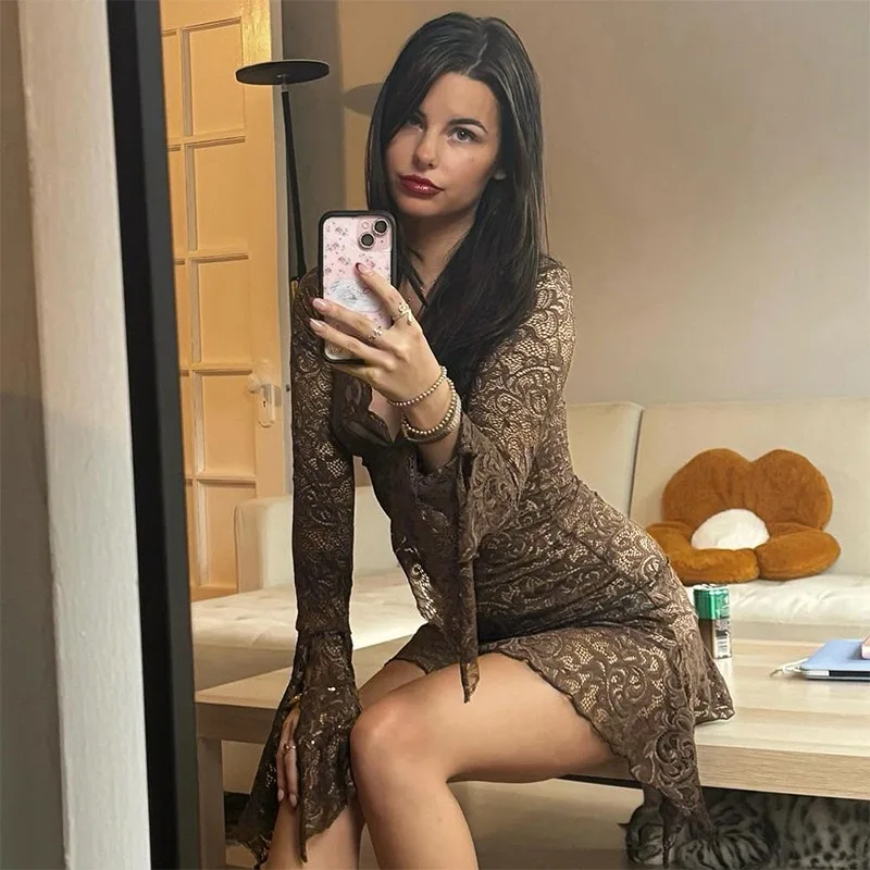 Sexy kanten rand V-Ne Bell Sve afslanken Dr dames fit en flare Dr zomer casual lange Sve bodycon Dr