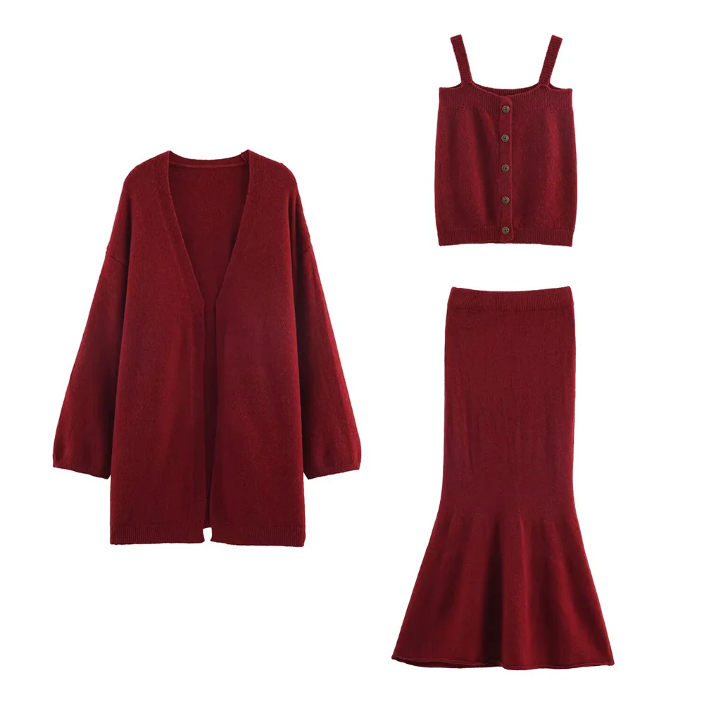 Otoño nueva ropa de mujer estilo europeo y americano moda simple chaqueta de punto chaleco falda de cola de pez conjunto de tres piezas