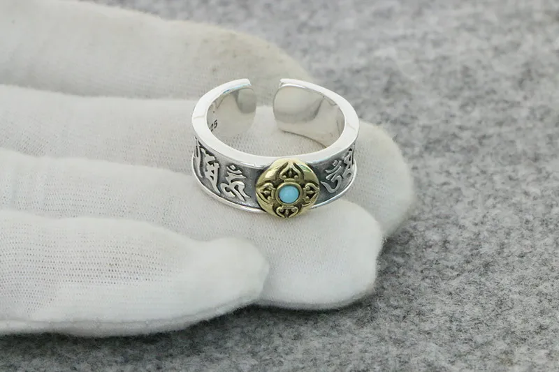 Bague en argent regardé avec turquoise GROBlue True Six Rick pour homme, bijoux personnalisés, style ethnique, tempérament, ouvert, vente en gros