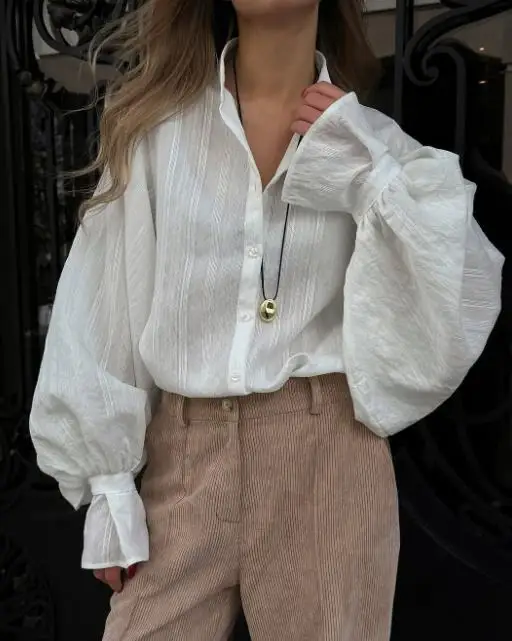 

Women's Clothing 2025 Summer New Fashion Lapel Loose and Simple Design, Long Sleeved Shirt Top