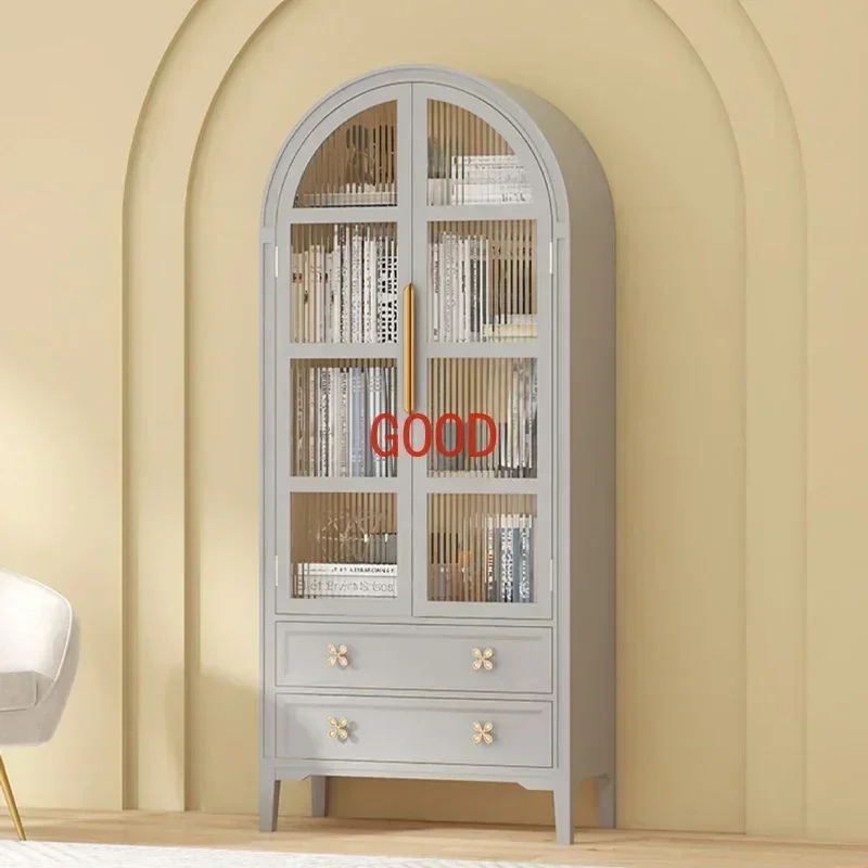 

American-Style Solid Wood Bookcase with Changhong Glass Door Storage French Retro Arch Decorative Wine Cabinet