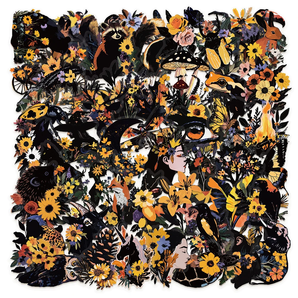 

10/30/50pcs Color Black Natural Animal and Plant Stickers Creative Cartoon PET Transparent Decals Laptop Phone Suitcase Sticker