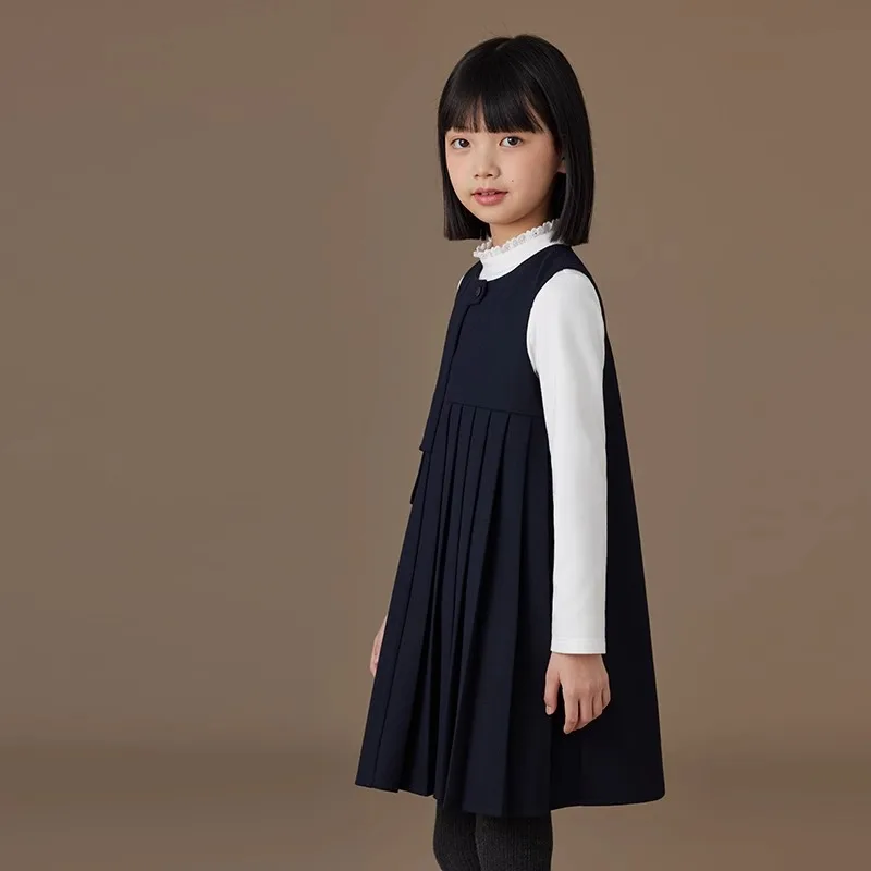 24Female Child Clothe Fashion Girls Suspender Dress Birthday Dress Autumn New Retro Black Velvet Princess Vest Skirt with O-neck