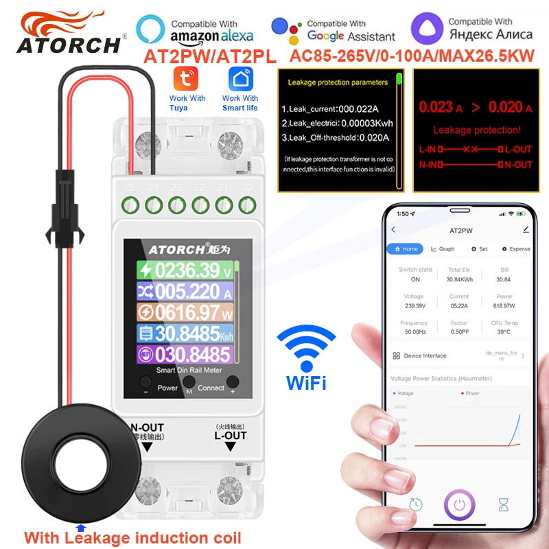 Imagem -03 - Interruptor Disjuntor Din Rail Meter Vazamento Security Protection Controle Remoto por Tuya App para Smart Home 2p Ac110 220v 100a Wifi