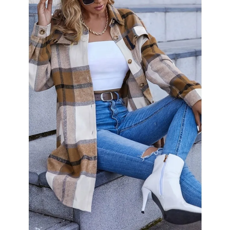 Plus Size Women's Summer Casual Fashion New Plaid Print Lapel Single Breasted Casual Shirt