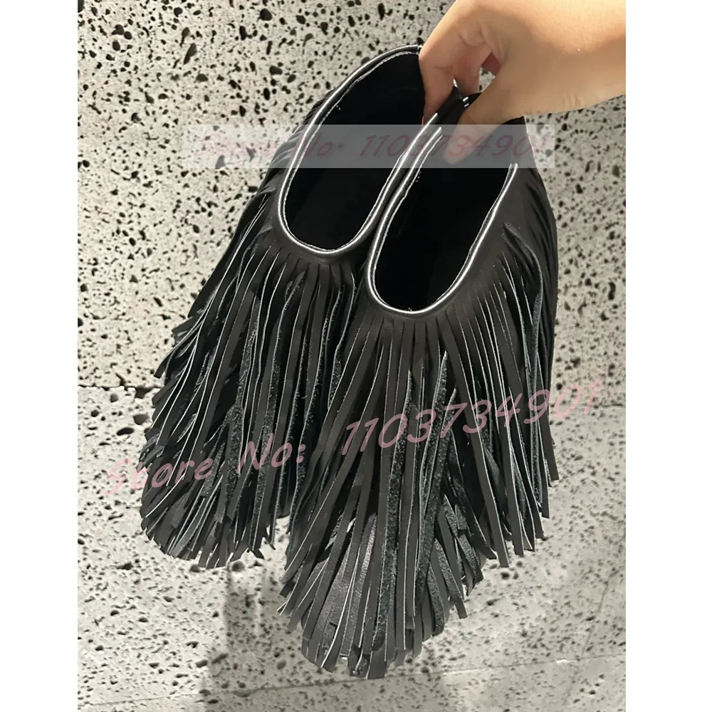 Tassels Black Short Boots Women Nightclub Punk Sexy Round Toe Slip-On High Heels Boots Ladies Party Fashion Nifty Stiletto Shoes