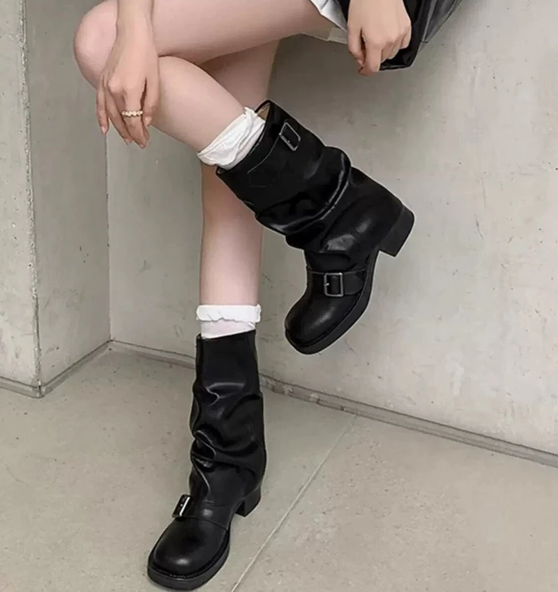 Autumn Winter Thick High Heels Women Mid Calf Boots Hot Sale Gothic Calves Motorcycles Boots Buckle Comfy Walking Boots