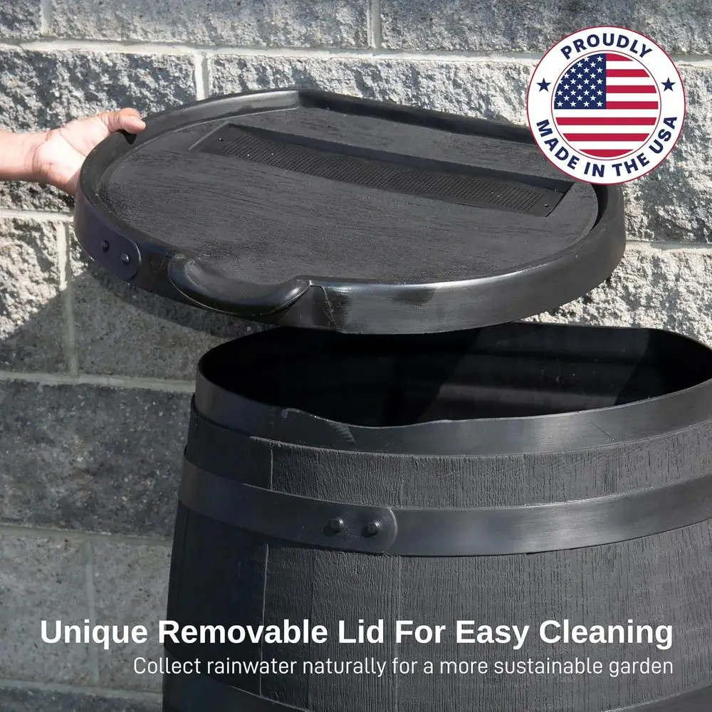50-Gallon Eco-Friendly Rainwater Collection Barrel with Removable Lid, Made from 100% Recycled Plastic, Black