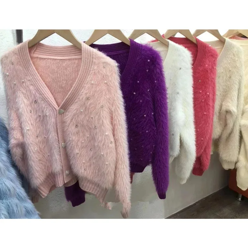 Women's New Fashion Small Perfume Style Imitation Mink Wool Jacket  Loose Short V-neck Knitted Cardigan Summer Dress White