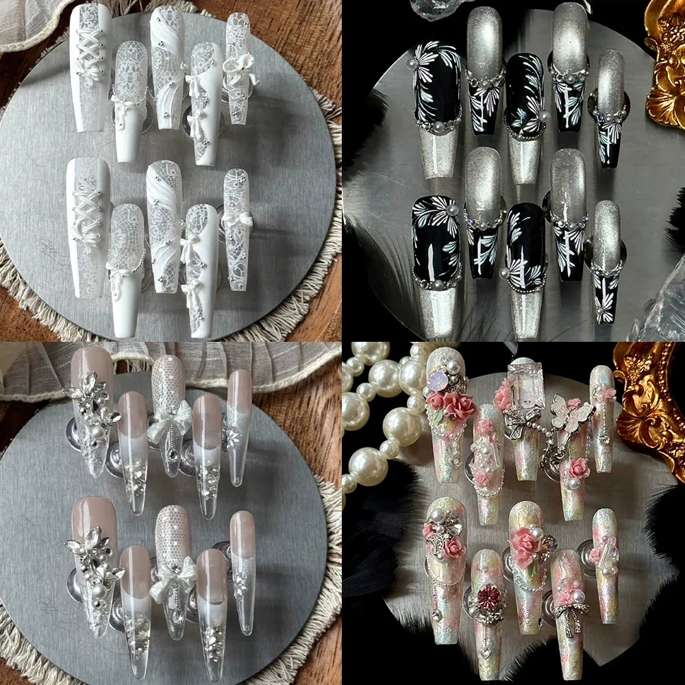 

10Pcs Deluxe High-End Long Coffin Stiletto Handmade False Nails Bowknot Pearl Flowers Rhinestone Design French Full Cover Nail