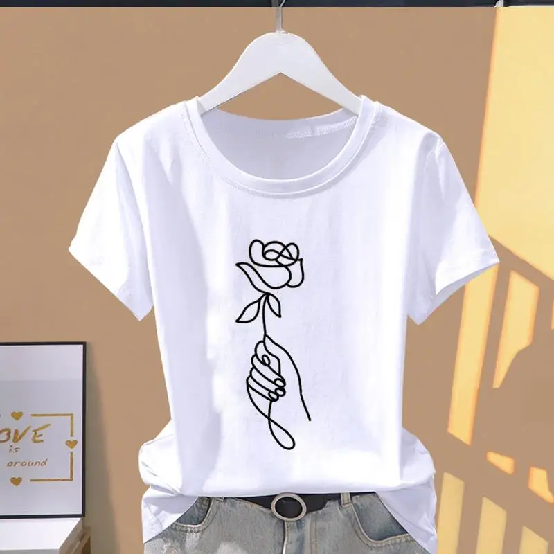 Classic Best-Selling Pink Trapezoid Pattern Printed Women's T-Shirt Round-Neck Short-Sleeved Tees Fashionable Summer Modal Top