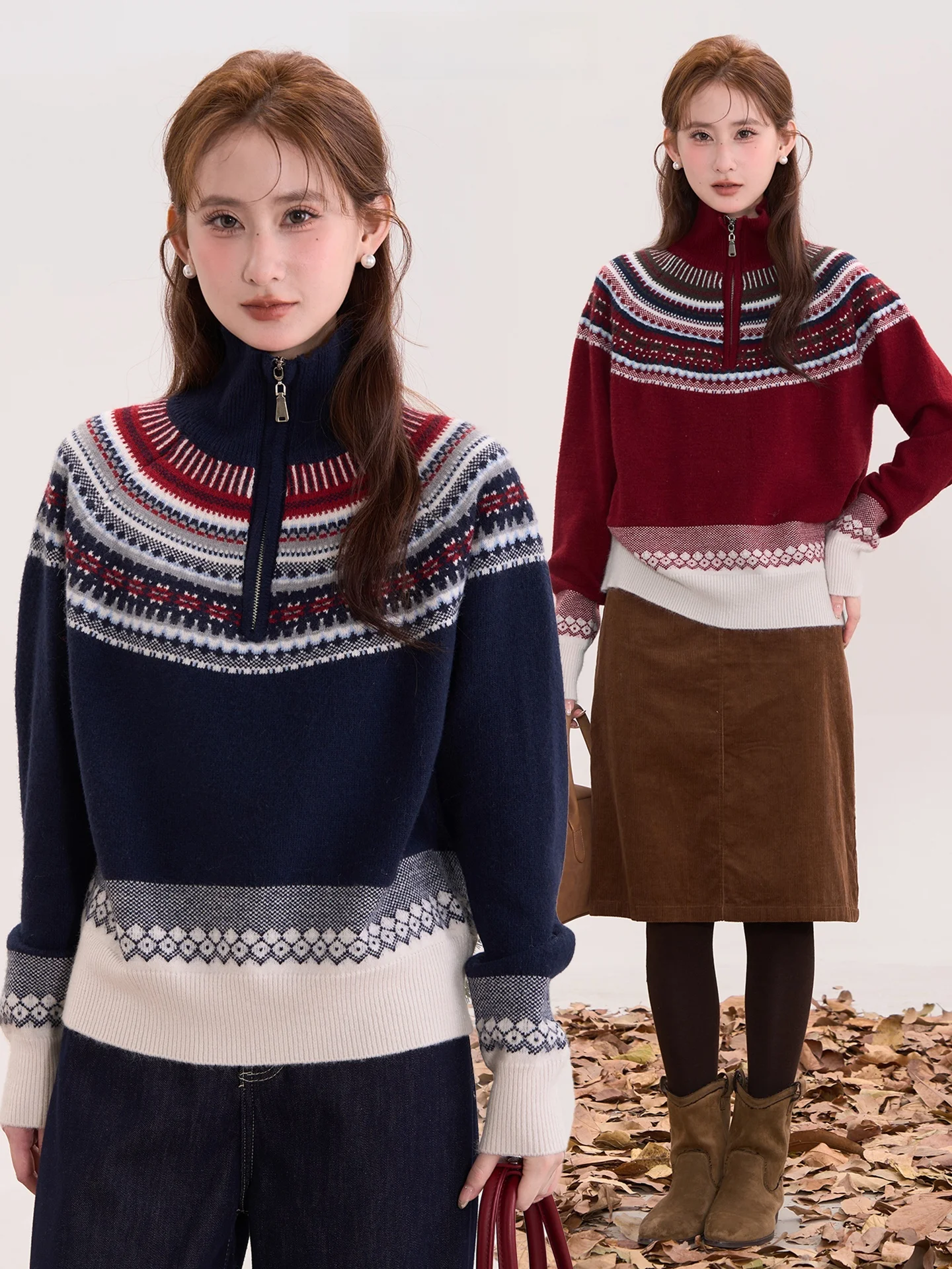 

Heme Knitted High Collar Sweater with f Zipper Floral Patterned Women's Winter Warm Vintage Sle Long Sve Casual Wear