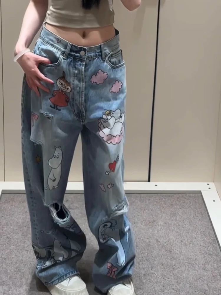 

American Cartoon fiti Print Hole Denim Jeans Women's New 2025 High Waist Loose Slimming Drapey Wide Leg Long Trousers