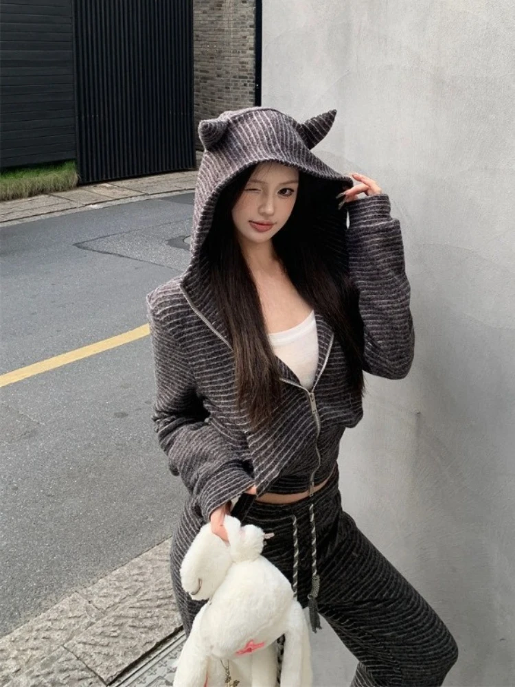 Conjuntos de pantalones ajustados Y2k de moda coreana para mujer, cárdigan con capucha de manga larga + Pantalones de cintura alta, traje informal elástico a rayas para otoño