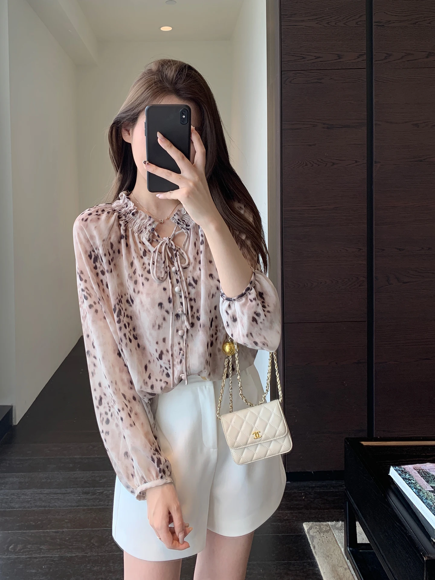 

Romantic Drift Fashionable Print Earlet Tied Women's Top Spring Summer New Style Loose French Style Long Sleeve Lantern Sleeve