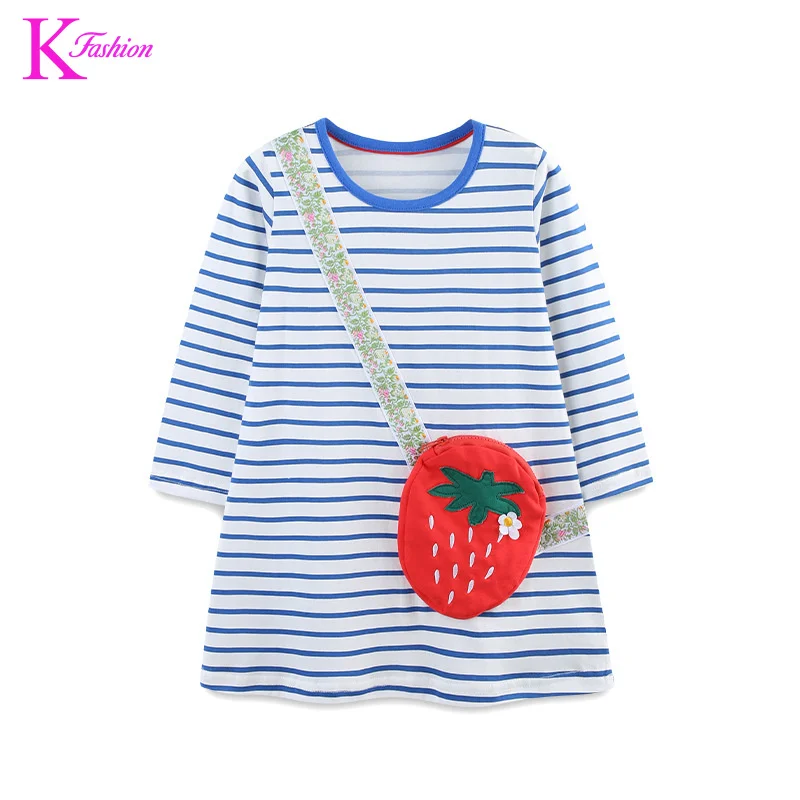 

2025 New Girls' Dress Children's Princess Dress Striped Patchwork Bag Clothing 2-8Y Fashion Wear For Kids Girl