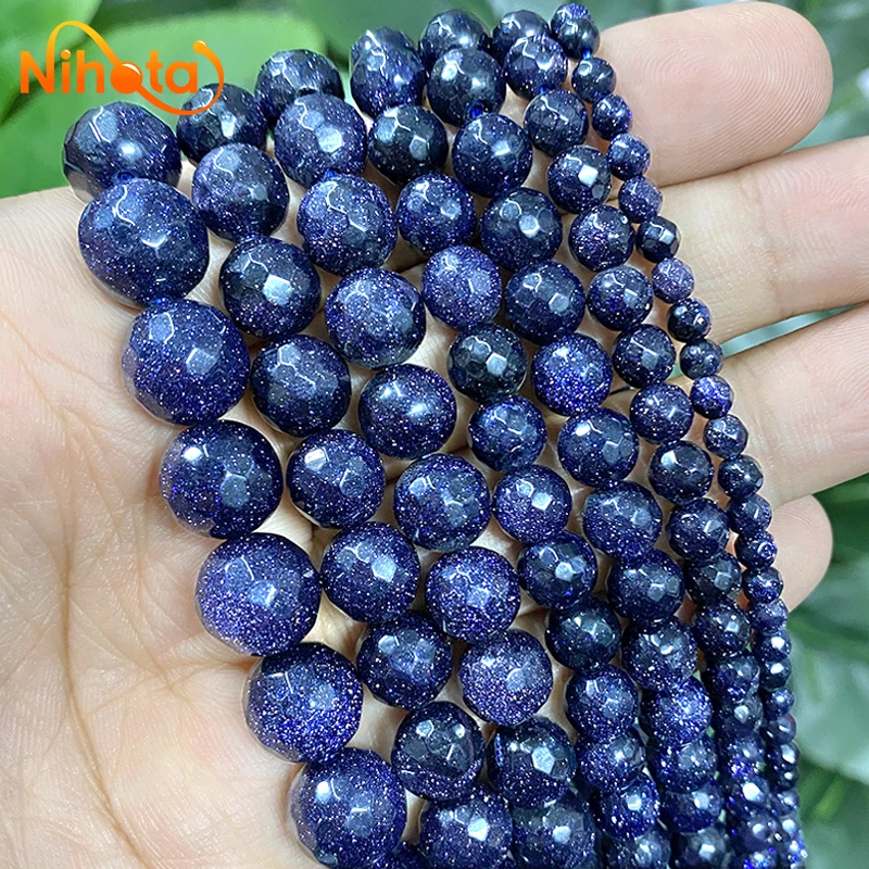 Smooth Faceted Dark Blue SandStone Round Loose Beads for Women's Bracelet Necklace Jewelry Making 15" Strand 4/6/8/10/12/14mm